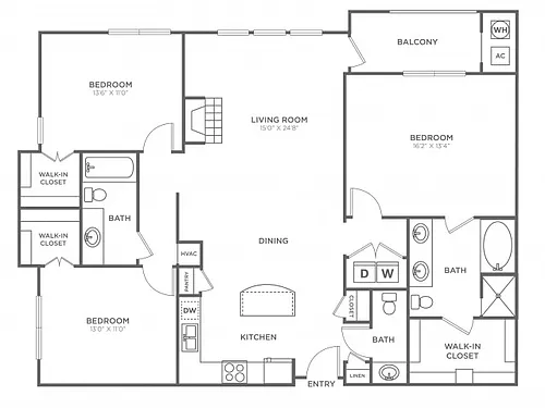 Floor plan 3 Bedroom 2 Bath (1,521 SF)