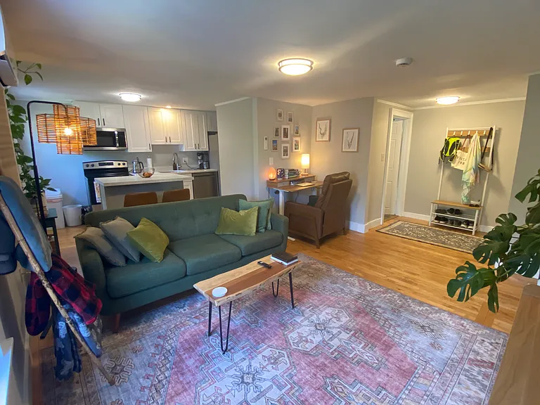 Open concept living room and kitchen. Walls are neutral gray with white trim.