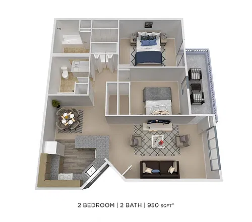 Floor plan Two Bedroom 2 Bath - 950 sqft