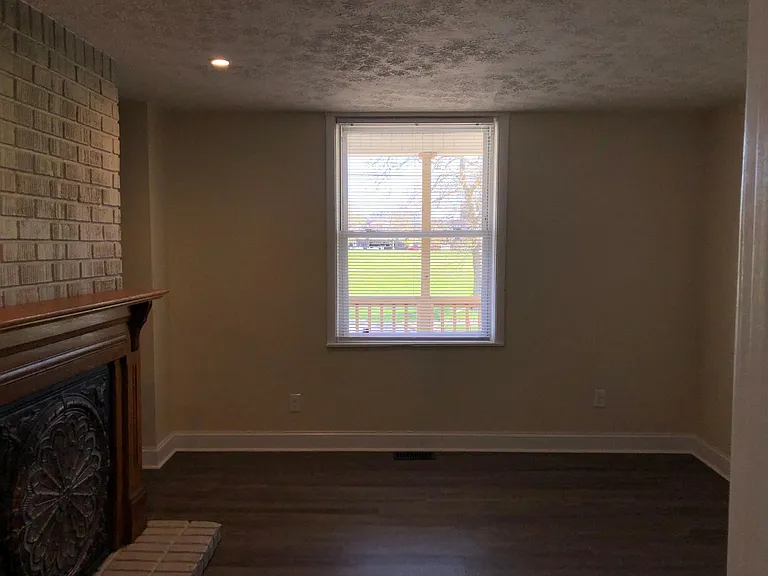 Den with decorative fireplace