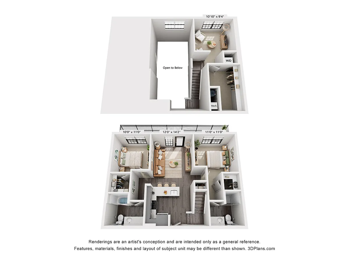 Floor plan 2-Bedroom 2-Bath w/ Loft | 1,350 sqft