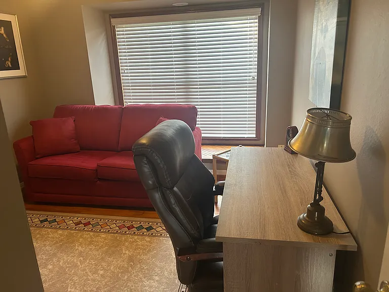 Spare bedroom with sleeper sofa and office space