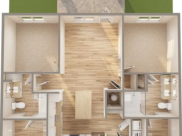 Discover comfortable living with this stylish two-bedroom floor plan featuring an open concept layout. Discover comfortable living with this stylish two-bedroom floor plan featuring an open concept layout.