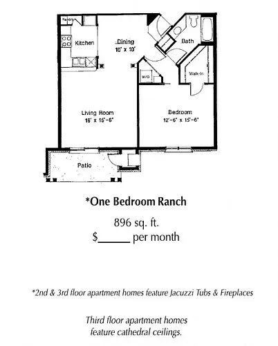 Floor plan 1 Bed Ranch 896 sq.ft.