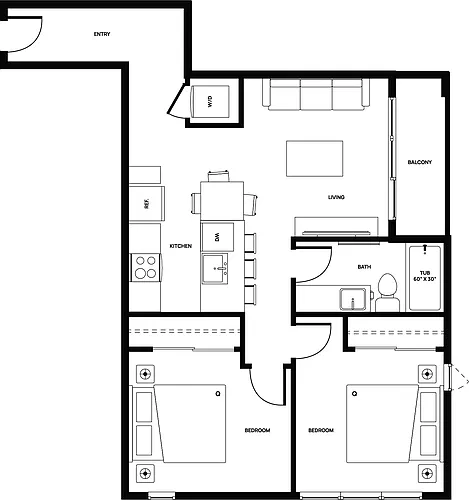 Floor plan 2 bed 1 bath 2 Bed 1 Bath 5