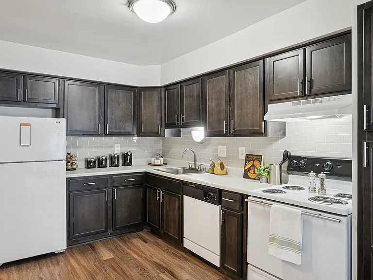 Upgraded Kitchen - Dark Wood Cabinets & Tile Backspash Upgraded Kitchen - Dark Wood Cabinets & Tile Backspash