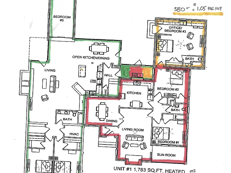 This is the floor plan of the whole triplex. The apartment we want to rent is the front one, encircled with red marker.
