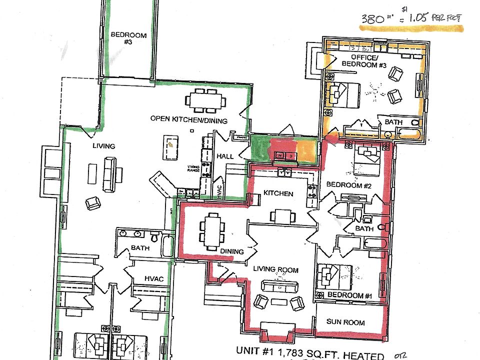 This is the floor plan of the whole triplex. The apartment we want to rent is the largest one on the left, encircled with green marker.