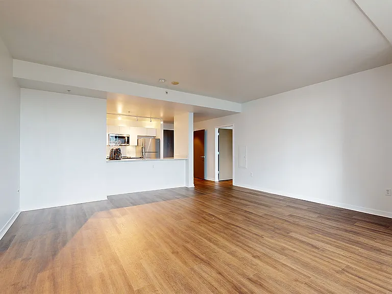Apartment kitchen with stainless steel appliances, dining and living room with wood-style flooring.