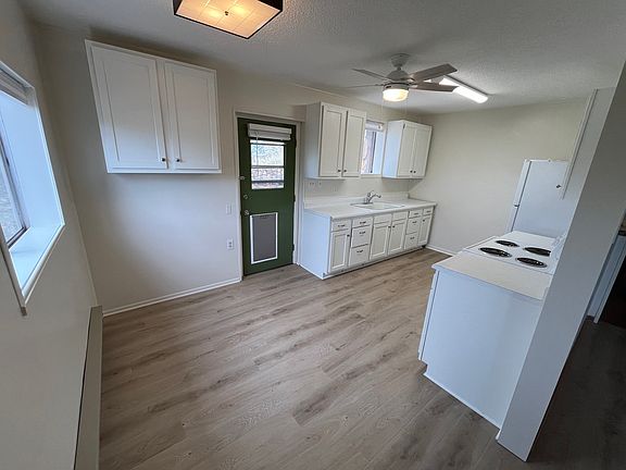 Kitchen overview.
Note, the door is now painted white.
