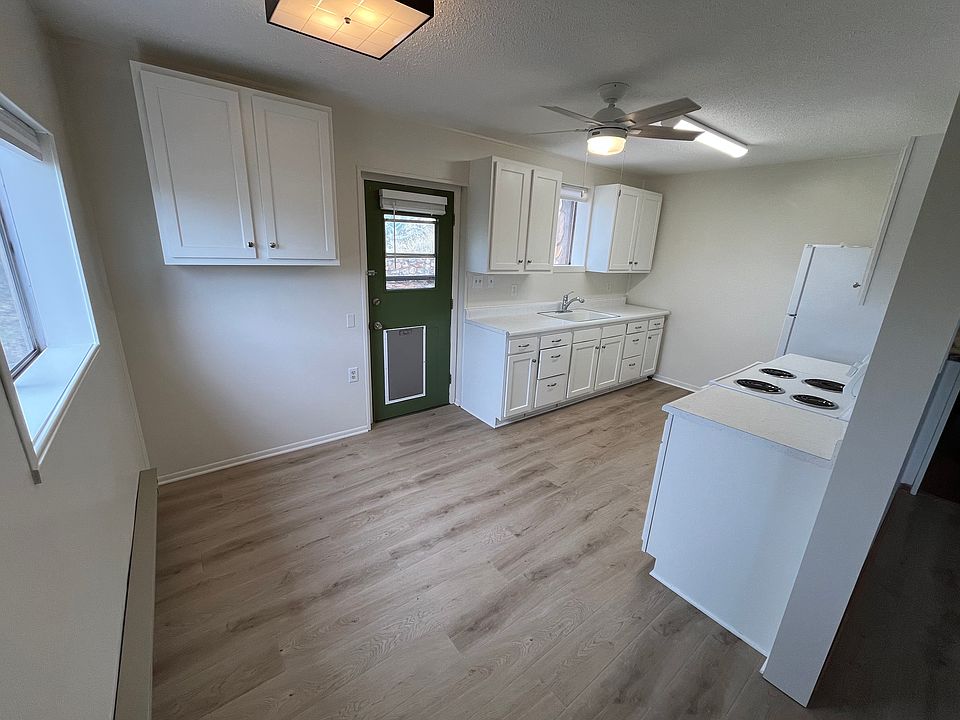 Kitchen overview.
Note, the door is now painted white.