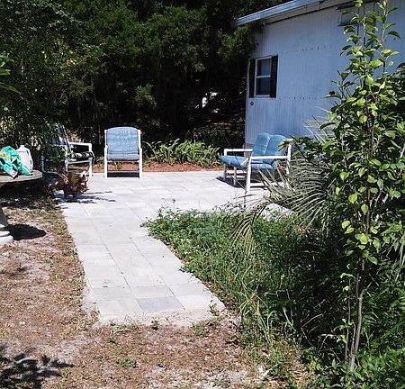 patio surrounded by azaelias, palm, ferns, n large cypress 4 afternoon shade
