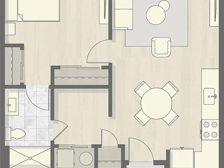 Explore this thoughtfully designed one-bedroom layout, perfect for stylish city living. Explore this thoughtfully designed one-bedroom layout, perfect for stylish city living.