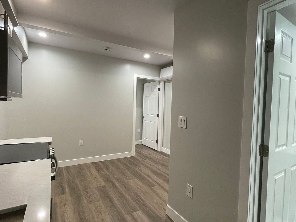 Dinning area and bathroom door.