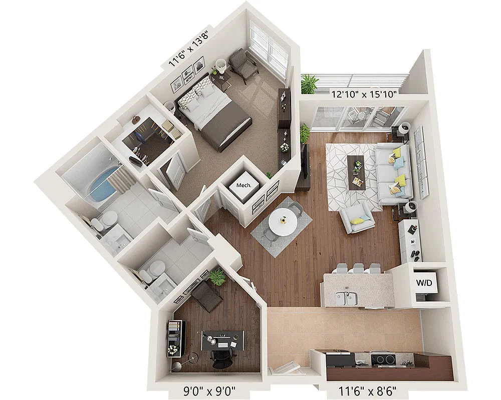 Floor plan One Bedroom with Den A1.5A