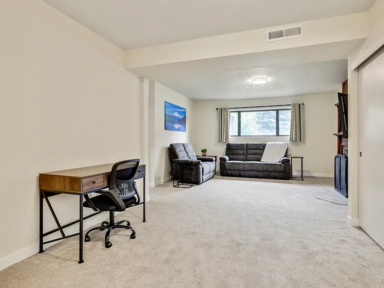 Lower Level
+60" TV
+Aesthetic fireplace
+2nd desk
+Couch recliners