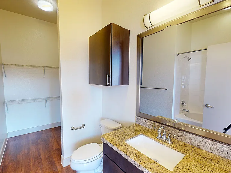 Apartment bathroom with wood-style flooring.
