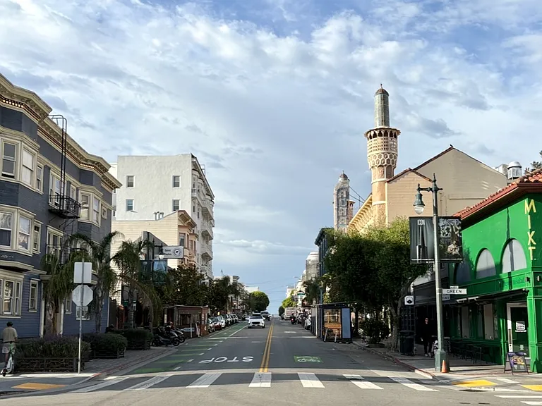 Blend of restaurants, residential and the gym at Polk and Green intersection