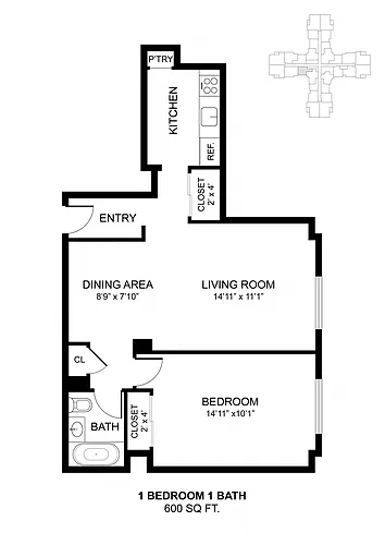 Floor plan 1 Bdrm 600 Sq Ft