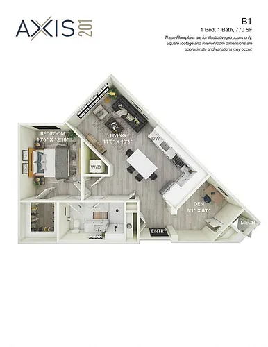 Floor plan 1 Bed 1 Bath with Den