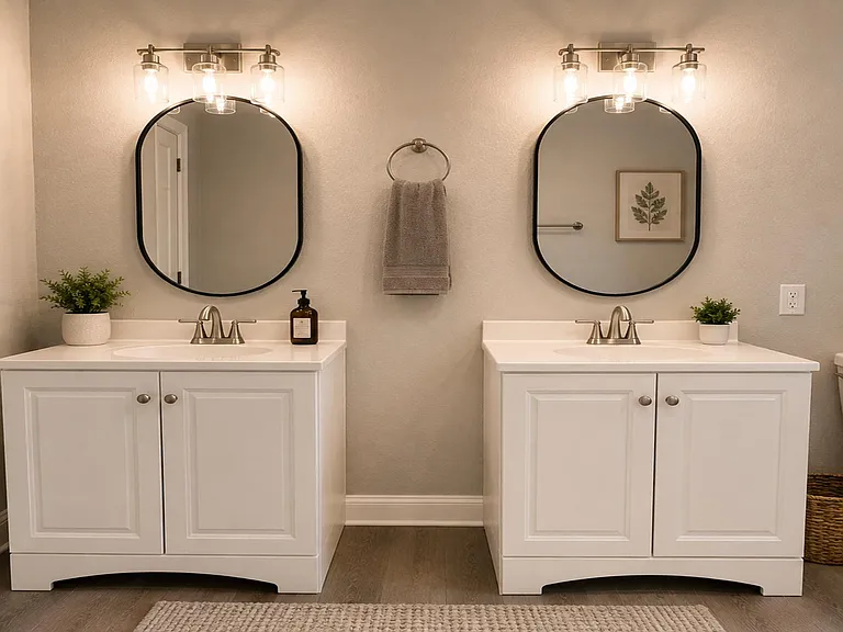 Bathroom features a double-sink vanity with ample cabinet storage, framed mirrors, and updated lighting for easy daily routin