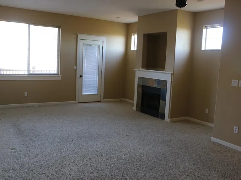 Living room gas fireplace, large living room window looking out to the backyard and door to the deck.