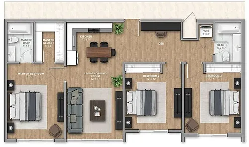 Floor plan Three Bedroom with Juliet Balcony Park View