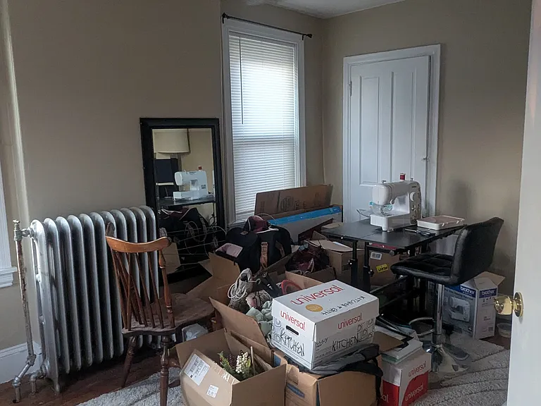 The office has the best light in the whole house and a little closet with shelves