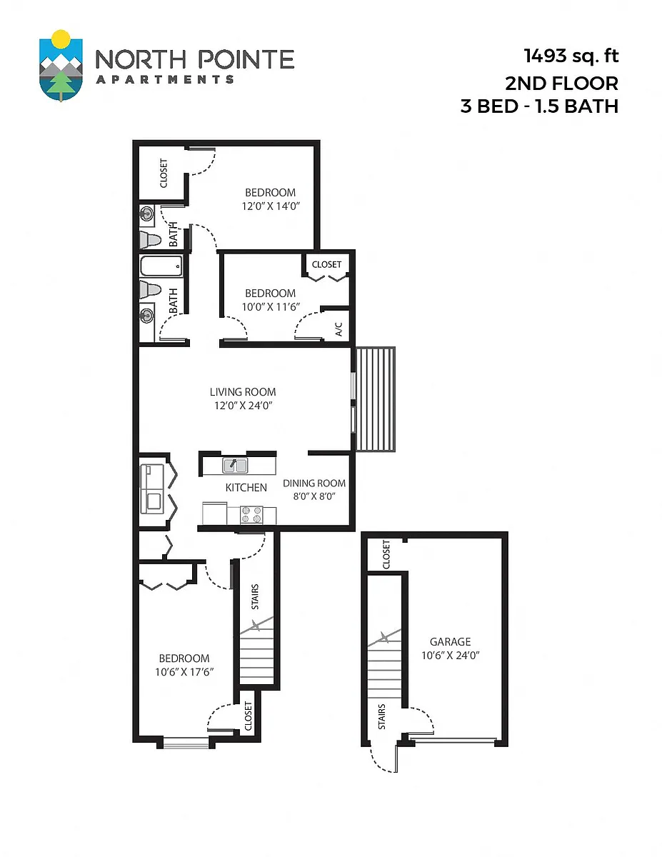 Floor plan 3 Bed, 1.5 Bath - 1,493 sq ft