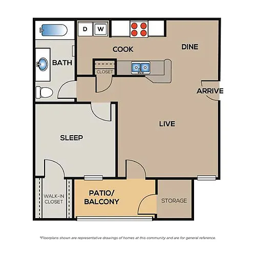 Floor plan 1 Bed - 1 Bath SM