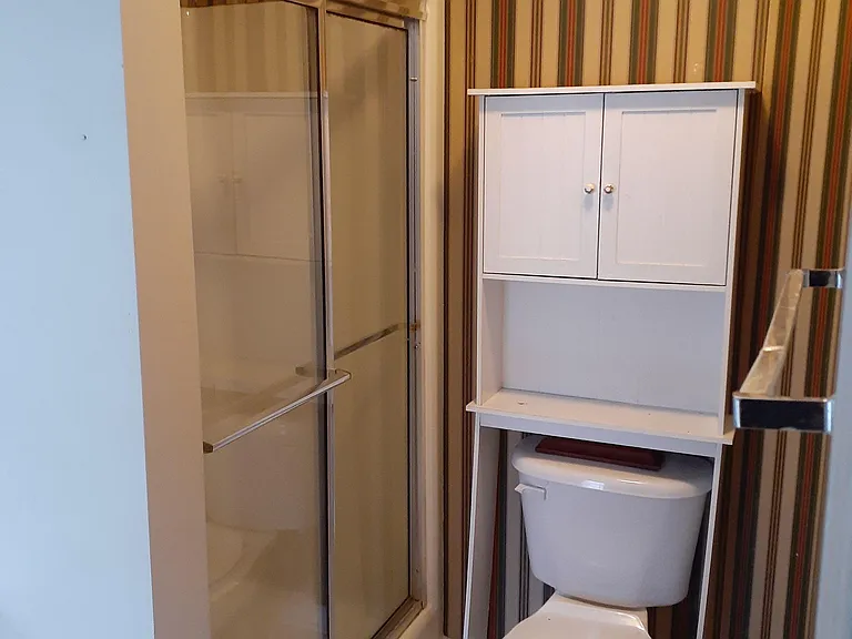 Bathroom features a glass-door shower, tile flooring, and storage cabinet over the toilet for daily essentials.