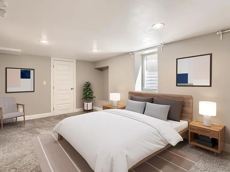 Bedroom 5. This is the only bedroom on the lower level and includes a large walk-in closet. This image shows a virtually furnished space. Bedrooms come unfurnished.
