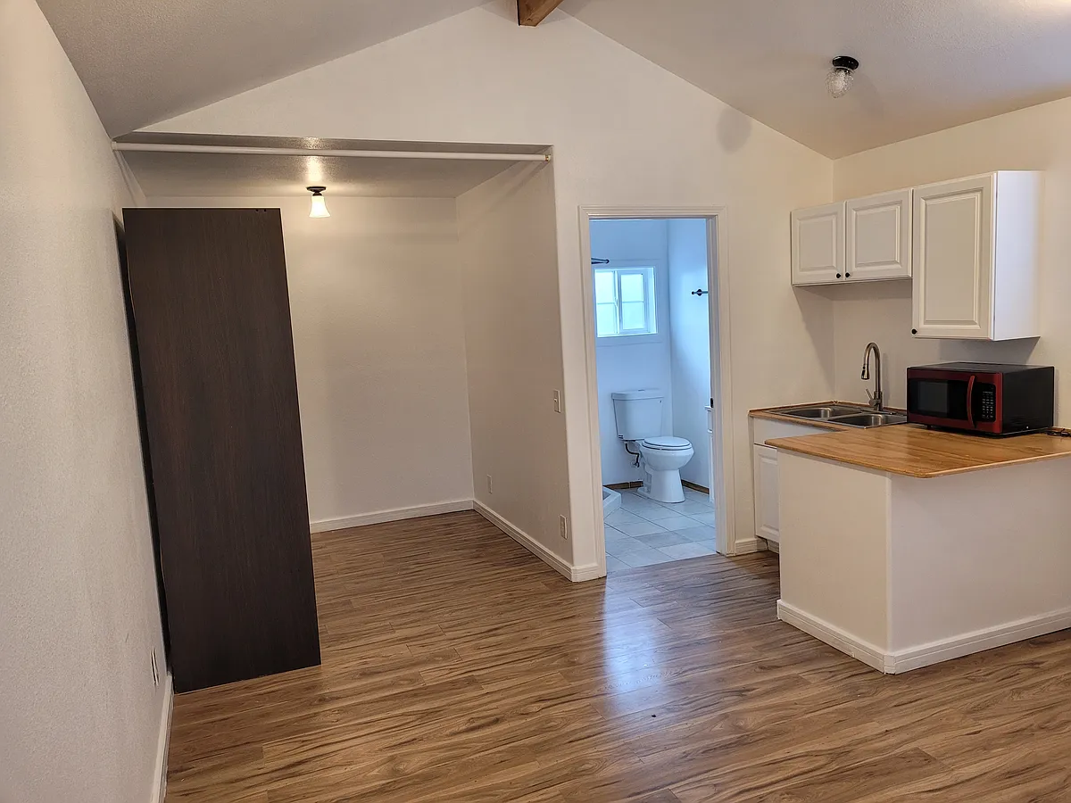 View from the living room area into the kitchen, bathroom, and bedroom areas. - 308 Division St NW #B