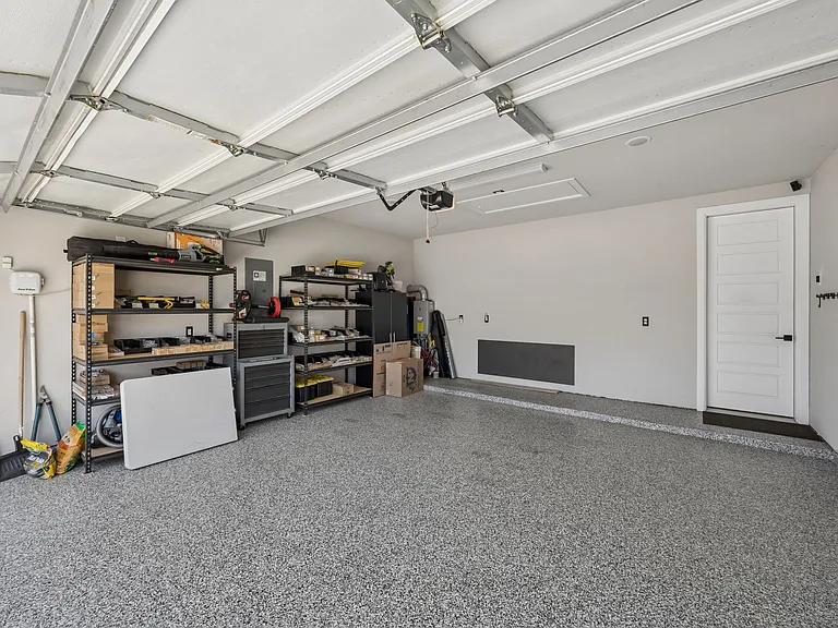 2 x car garage with storage racks and epoxy flooring, clean, clean, clean!