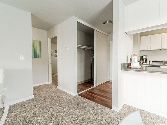 Renton Apartments - The Aviator Apartments - Hallway, Closet, Entryway, Living Room, Bedroom, and Kitchen