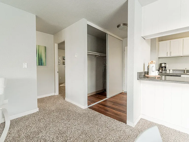 Renton Apartments - The Aviator Apartments - Hallway, Closet, Entryway, Living Room, Bedroom, and Kitchen