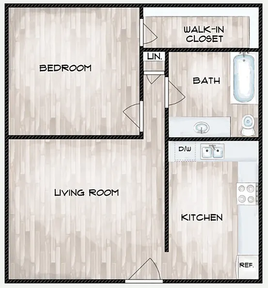 Floor plan Brookhaven One Bedroom, One Bath