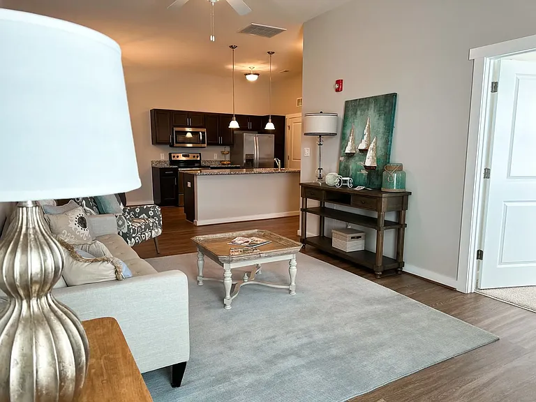 Shown here, is the spacious open concept living room, kitchen, and dining space offered in the Emeline, Haven, and Ellsworth floorplans.