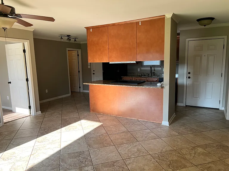 From back door in living room looking into kitchen and front door