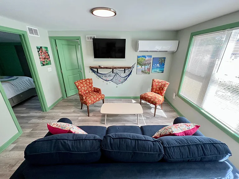 Large living room with queen sleeper couch