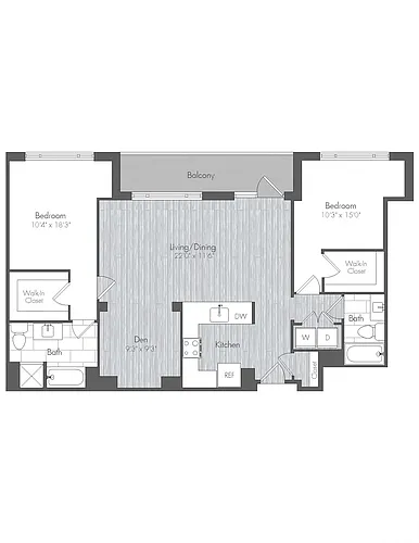 Floor plan 2 Bed 2 Bath Den - BD2