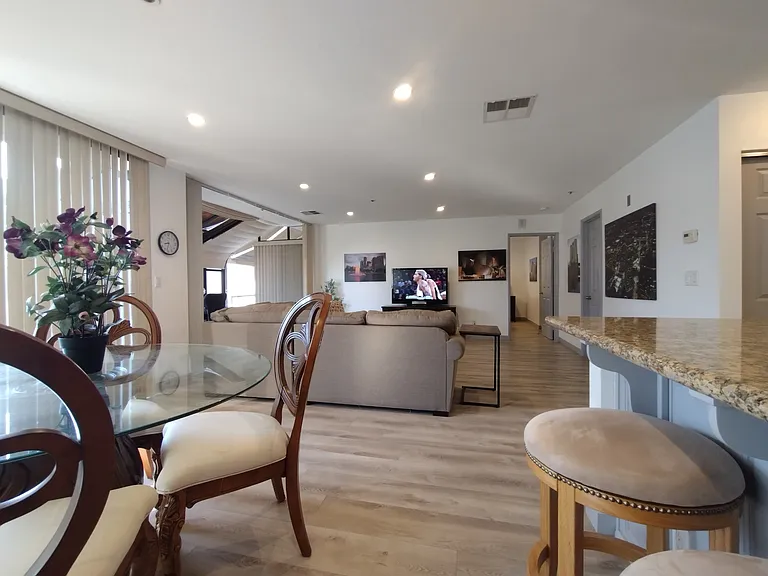 Living area with patio at left