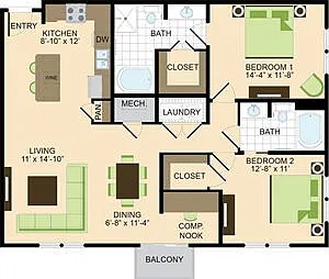 Floor plan 2 BR 1266sf