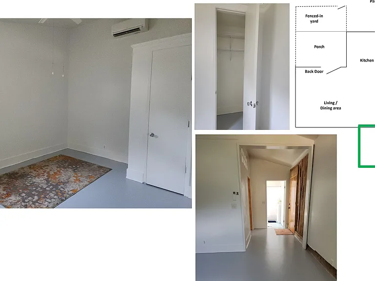 Bedroom, closet, hallway to bathroom, living / dining area, kitchen
Floor plan with bedroom highlighted
