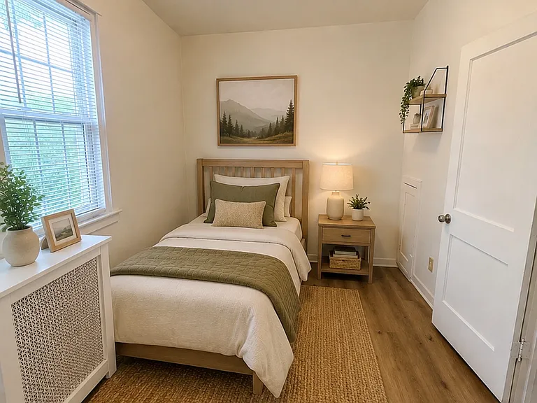 Bedroom 2 - This photo features virtual staging (AI-generated furniture) to help show the potential layout of the room. The property is being rented unfurnished.