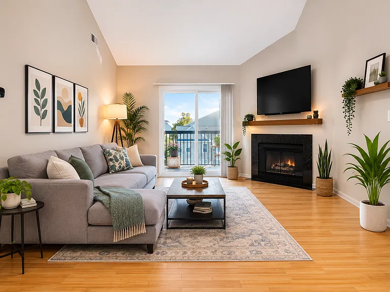 Living room that opens into the balcony with amzing views of the sky and trees. Since its a top floor condo, even better views.
