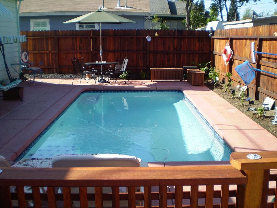 Backyard heated salt water pool.