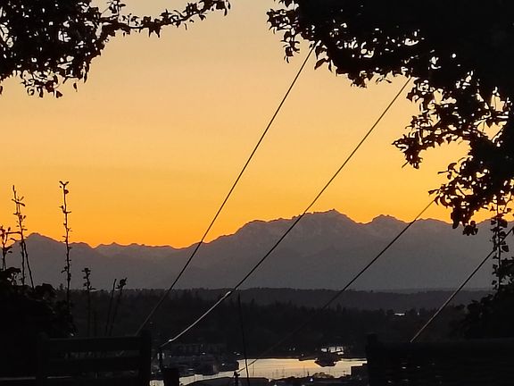 Facing West, view of the sunset over the Olympic mountains and ship canal