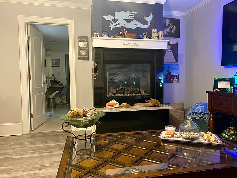 Master sitting area and fireplace