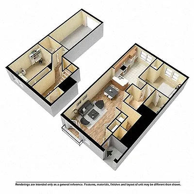 Floor plan 2 bedroom 2 bath Townhome, 1405 sq ft